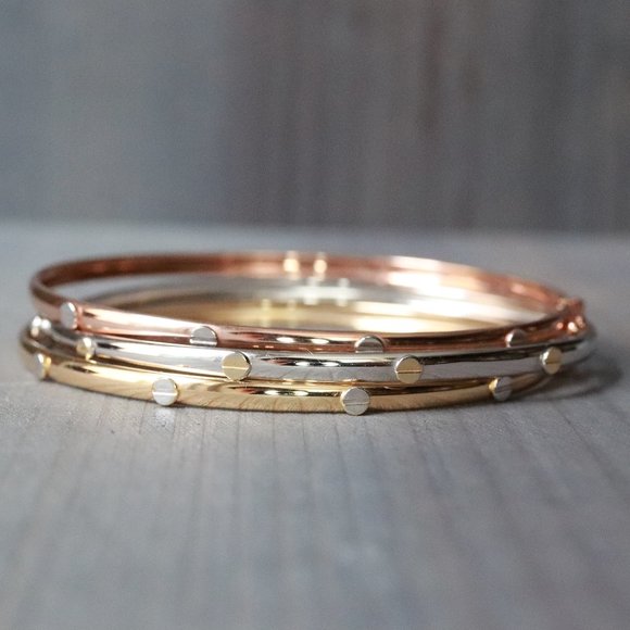 Real Gold 18K Two-Tone Rose Gold Slim Type Bangle Bracelet 3.2mm Fine Jewelry - Picture 7 of 7